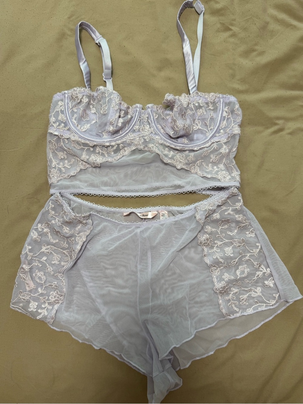 La Vie En Rose Sheer Lace Trim Bralette &  Shorts Set - Light Lavender